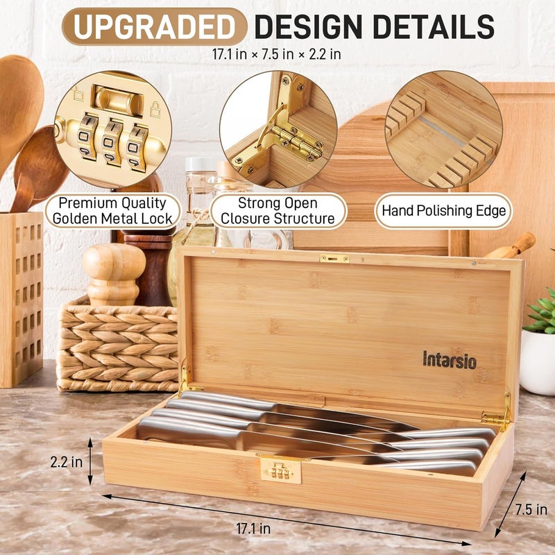 Intarsio Upgraded Lockable Large Bamboo Knife Storage Box with Magnetic Removable Knife Blocks for Easy, Quick and Safe Culinary Tools Storage, Keyless Kitchen Combination Lock Box, Great Kitchen Gifts - Image 2